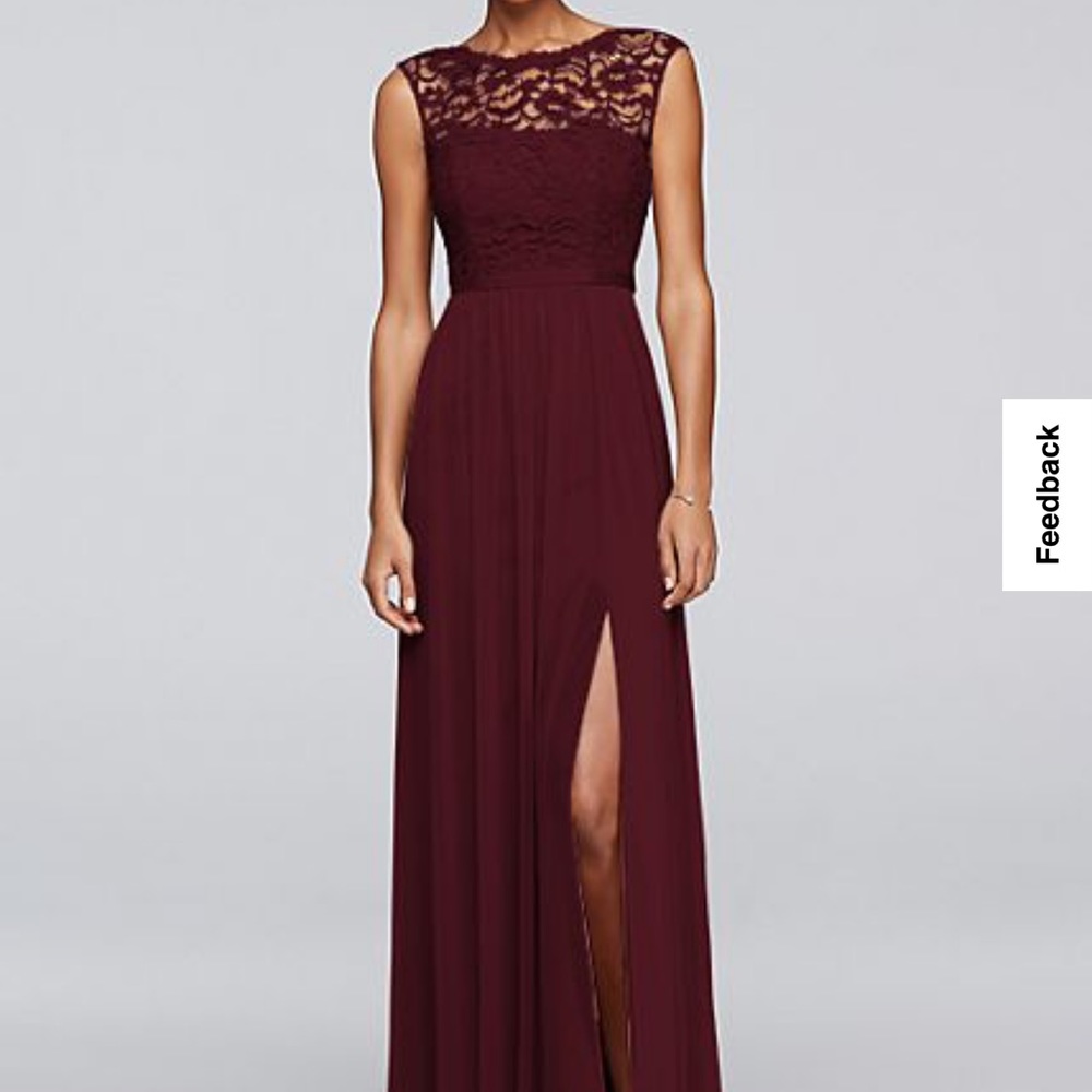 David's Bridal Burgundy Lace Bodice Maxi Dress